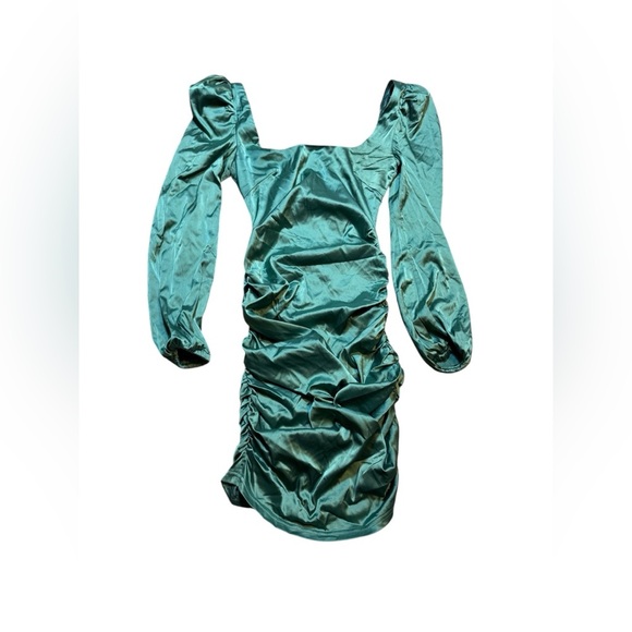 πβ¨ MORE TOβ COME Blaire Teal Satin Puff Sleeve Mini Dress XS NWT β¨π - Picture 2 of 4